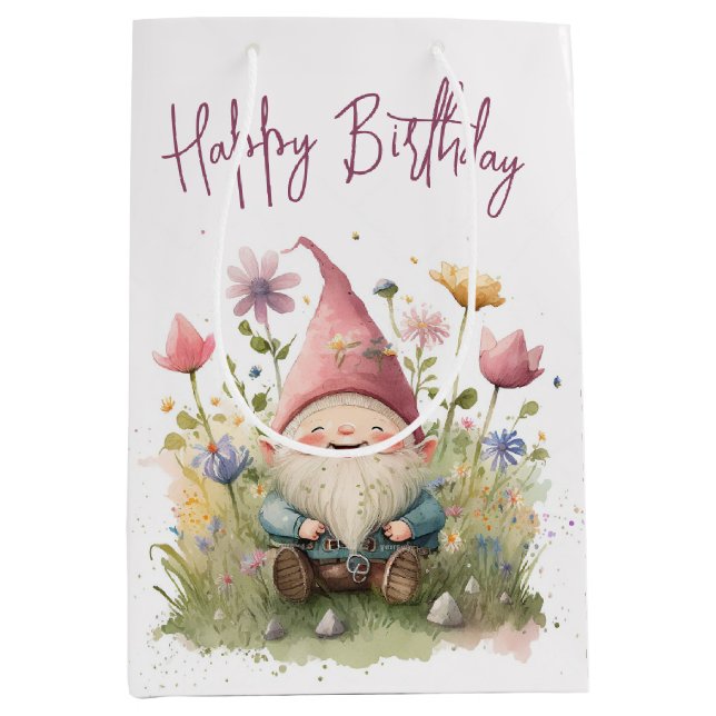 Sacola Para Presentes Média Feliz Aniversário Gnome Em Flores (Frente)