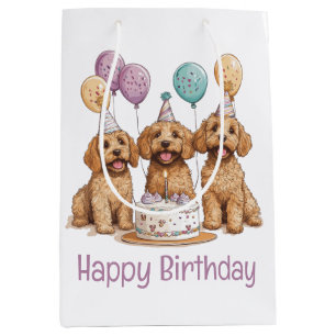 Sacola Para Presentes Média Feliz aniversário Goldendoodle Cães Bolo de Aniver