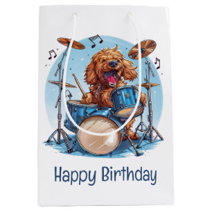 Sacola Para Presentes Média Feliz Aniversário Goldendoodle Tocando Bateria