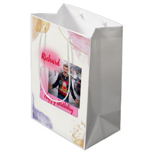 Sacola Para Presentes Média Feliz Aniversário Gradiente Rosa Moderno Adicionar