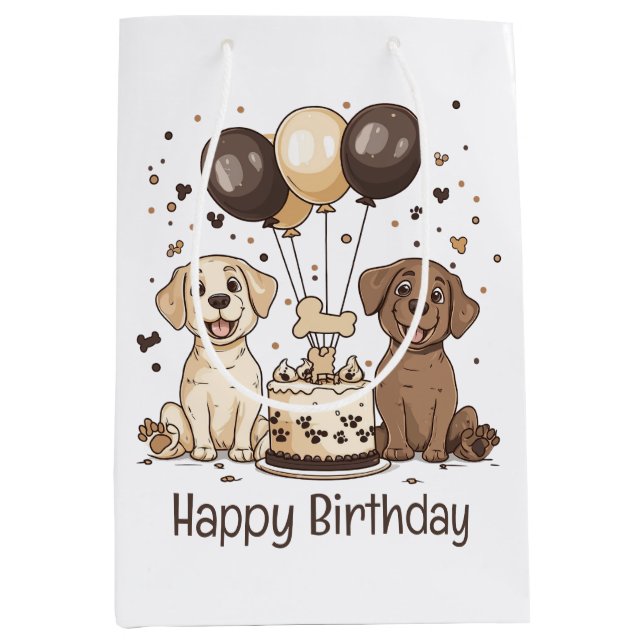 Sacola Para Presentes Média Feliz Aniversário Labrador Cachorros de Retriever (Frente)