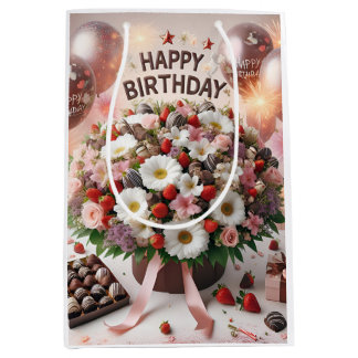 Sacola Para Presentes Média Feliz aniversário, morangos em chocolate, por Nata