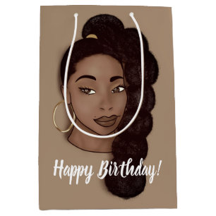 Sacola Para Presentes Média Feliz Aniversário, Mulher Negra com rabo-de-cavalo