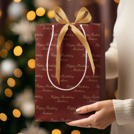 Sacola Para Presentes Média Feliz Aniversário Nome em Letra Burgundy Gold