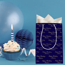 Sacola Para Presentes Média Feliz Aniversário Nome em Letra Naval Dourado