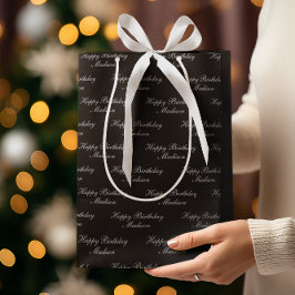 Sacola Para Presentes Média Feliz Aniversário Nome em Letra Preta Prata