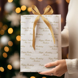Sacola Para Presentes Média Feliz Aniversário Nome em Rascunho Dourado Branco