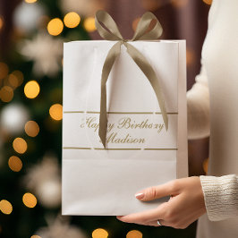 Sacola Para Presentes Média Feliz Aniversário Nome em Rascunho Dourado Branco
