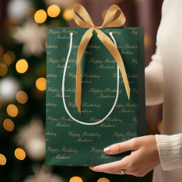 Sacola Para Presentes Média Feliz Aniversário Nome em Rascunho Verde Dourado