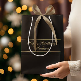 Sacola Para Presentes Média Feliz Aniversário Nome em Roteiro Preto Dourado