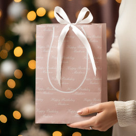 Sacola Para Presentes Média Feliz Aniversário Nome em Roteiro Rosa Empoeirado
