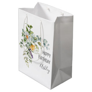 Sacola Para Presentes Média Feliz Aniversário + Nome Floral