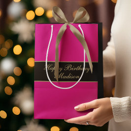 Sacola Para Presentes Média Feliz Aniversário Nome Roscado Preto Dourado
