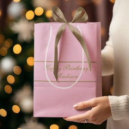 Sacola Para Presentes Média Feliz Aniversário Nome Roteiro Rosa Pó Dourado