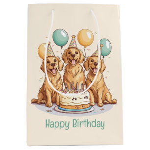 Sacola Para Presentes Média Feliz Aniversário Ouro Cachorros de Retriever