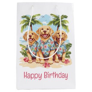 Sacola Para Presentes Média Feliz Aniversário Ouro Retriever Cães Havaianos