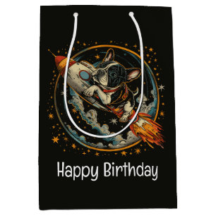 Sacola Para Presentes Média Feliz Aniversário Rocket Navio Buldogue Francês