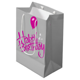Sacola Para Presentes Média Feliz Aniversário Rosa em Cinza  