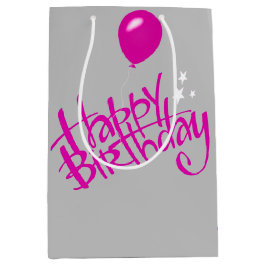Sacola Para Presentes Média Feliz aniversário rosa na Cinza