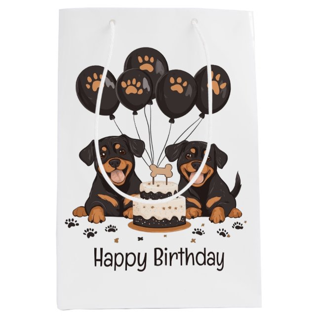 Sacola Para Presentes Média Feliz Aniversário Rottweiler Cães (Frente)
