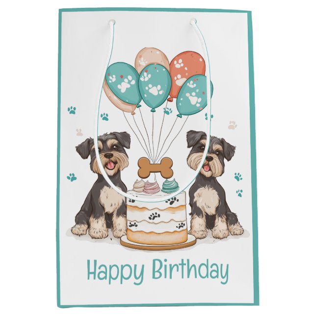 Sacola Para Presentes Média Feliz Aniversário Schnauzer Cães (Frente)