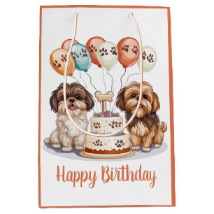 Sacola Para Presentes Média Feliz Aniversário Shih Tzu Cães Bolo de Aniversári