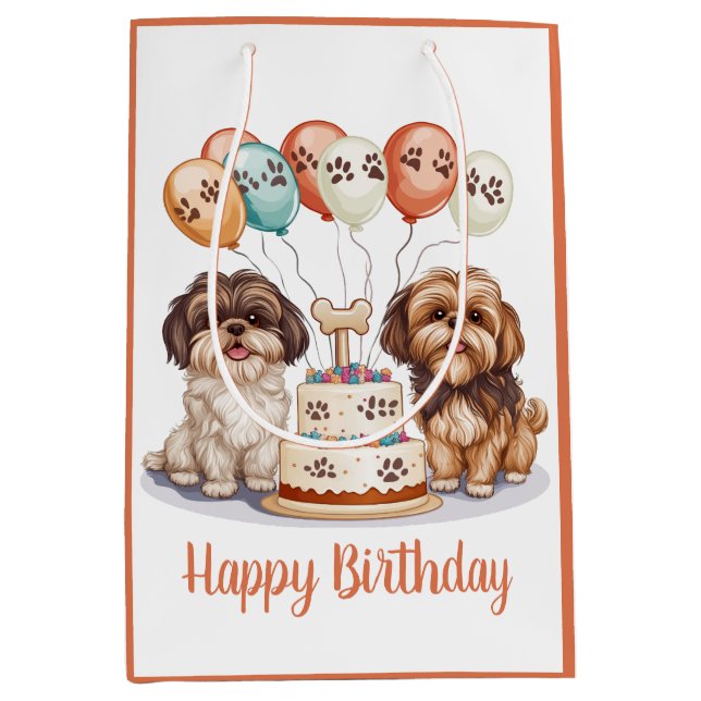 Sacola Para Presentes Média Feliz Aniversário Shih Tzu Cães Bolo de Aniversári (Frente)