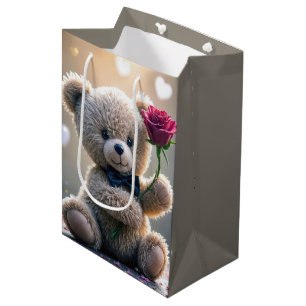 Sacola Para Presentes Média Feliz Aniversário, Urso De Teddy Com Rosa vermelha