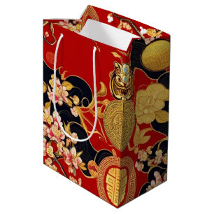 Sacola Para Presentes Média Feliz Ano Novo Chinês padrão moderno asiático