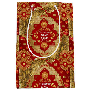 Sacola Para Presentes Média Feliz Ano Novo Chinês padrão moderno asiático