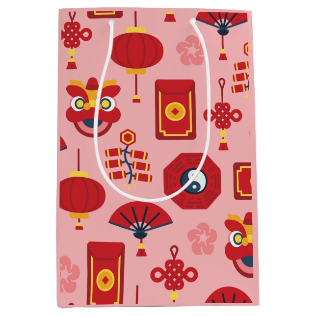 Sacola Para Presentes Média Feliz Ano Novo Chinês Símbolos Rosa (Frente)