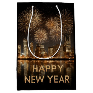 Sacola Para Presentes Média "Feliz ano novo" com o Fireworks sobre uma cidade
