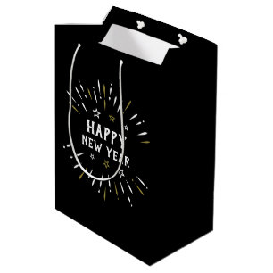 Sacola Para Presentes Média Feliz ano novo Fireworks Black White Dourado Stars