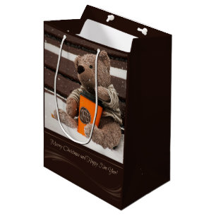 Sacola Para Presentes Média feliz ano novo. Urso de Pelúcia.