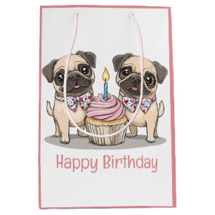 Sacola Para Presentes Média Feliz Cupcake de Cães Pug de Aniversário