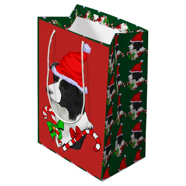 Sacola Para Presentes Média Feliz de Natal de Collie na fronteira (Verso inclinado)