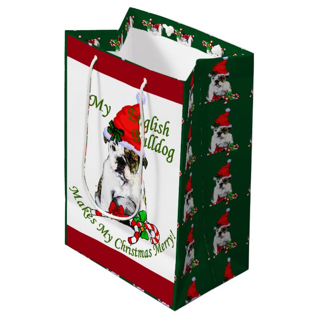 Sacola Para Presentes Média Feliz de Natal do Buldogue Inglês (Frente inclinada)