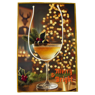 Sacola Para Presentes Média Feliz de Natal e Coquetel Brilhante meio século