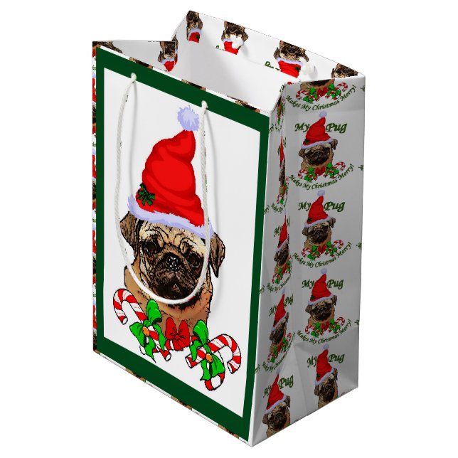 Sacola Para Presentes Média Feliz de Natal Pug (Verso inclinado)