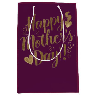 Sacola Para Presentes Média Feliz Dia das Mães Coração de Rótulo Dourado