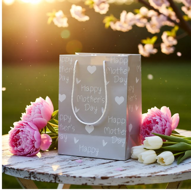 Sacola Para Presentes Média Feliz Dia das Mães Elegante Cinza Script (Happy Mother's Day Elegant Grey Script Medium Gift Bag)