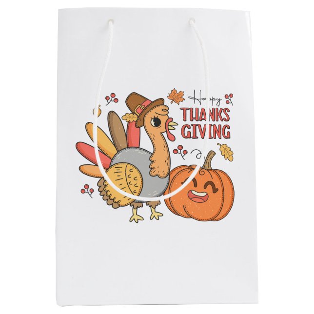 Sacola Para Presentes Média Feliz Dia de Ação de Graças à Turquia Pumpkin (Frente)
