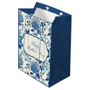 Sacola Para Presentes Média Feliz Dia de as mães Elegante Blue Chinoiserie Flo