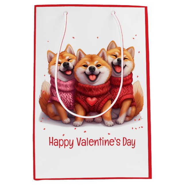 Sacola Para Presentes Média Feliz Dia dos Namorados Shiba Inu Cães (Frente)