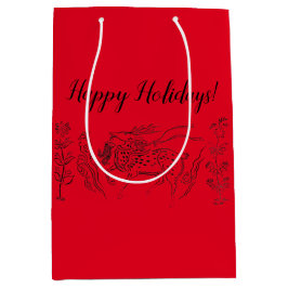 Sacola Para Presentes Média Feliz Feriados! Reindeer em Vermelho