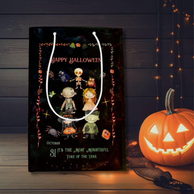 Sacola Para Presentes Média Feliz Festa de Monstros Gelados de Halloween (Happy Halloween Cute Monsters Party Medium Gift Bag)