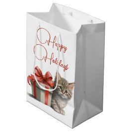 Sacola Para Presentes Média Feliz Gatinho de Férias com Presente