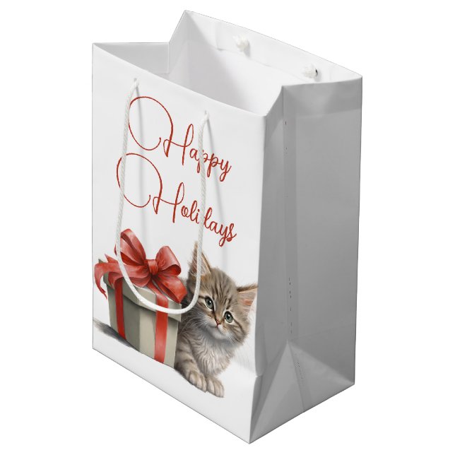 Sacola Para Presentes Média Feliz Gatinho de Férias com Presente (Frente inclinada)
