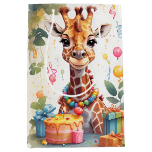 Sacola Para Presentes Média Feliz Girafa com presentes e bolo