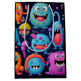 Sacola Para Presentes Média Feliz grupo de monstros coloridos de preto